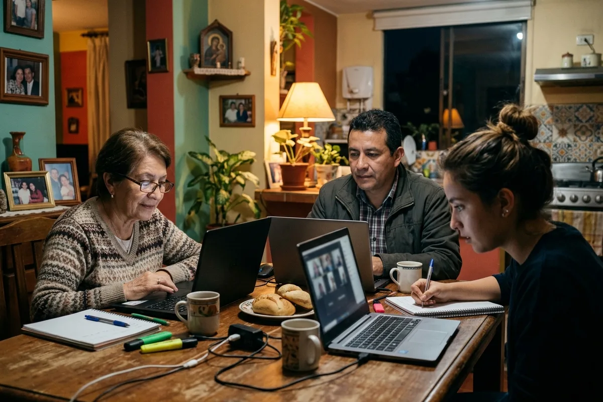 Grupo de adultos siguiendo una clase en vivo desde casa