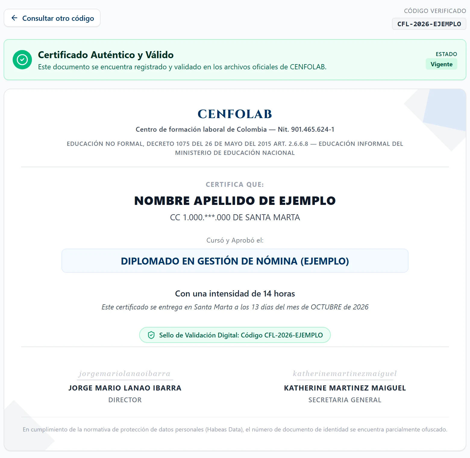 Página de verificación de CENFOLAB mostrando «Certificado Auténtico y Válido», estado Vigente, con un certificado de ejemplo y su sello de validación digital